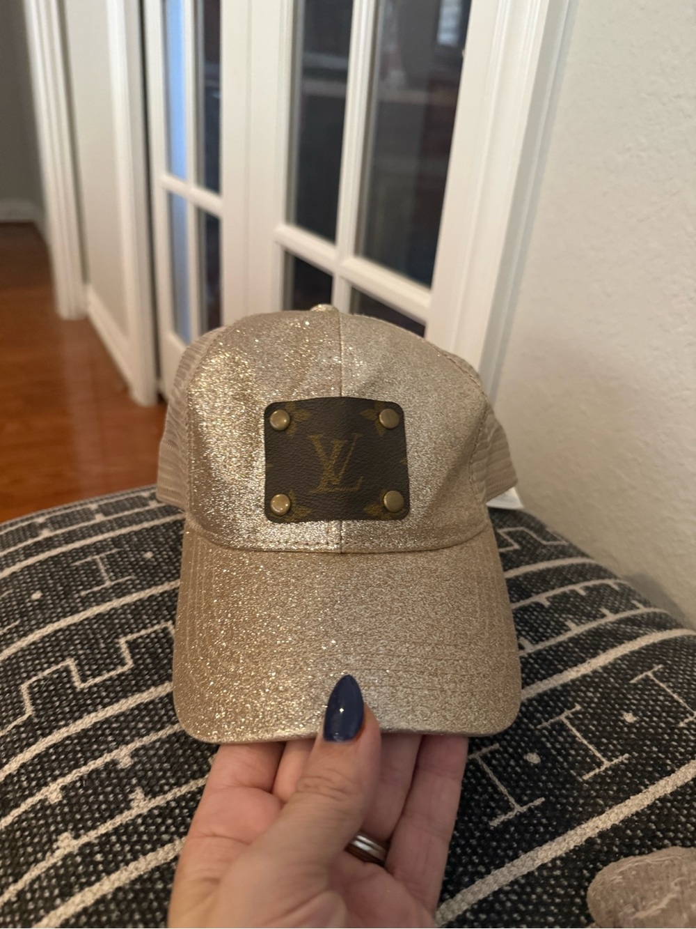 C.C Gold Glitter Baseball Cap with Louis Vuitton Logo Patch